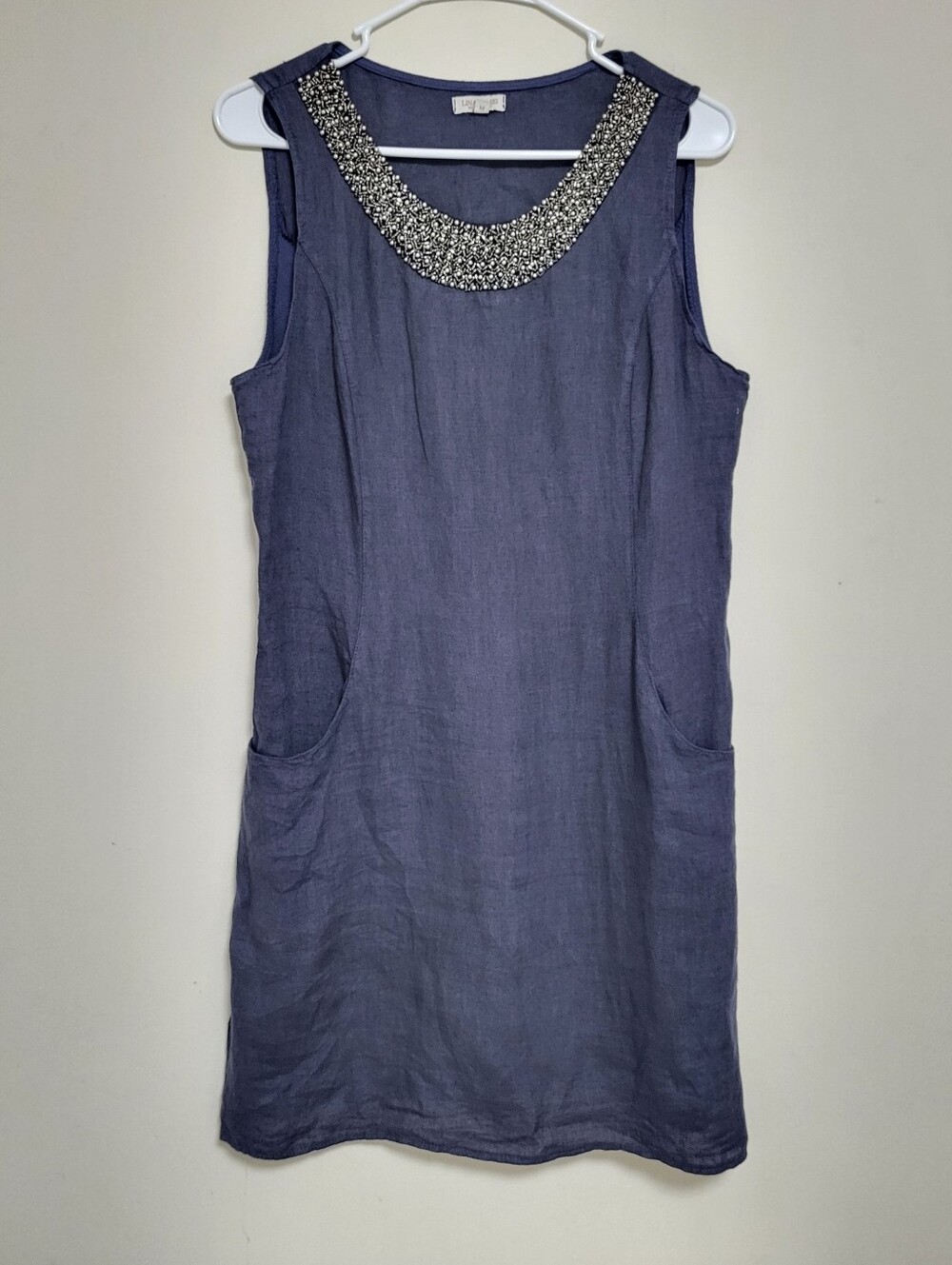 Lina Tomei 100% linen Sheath dress Sz M beaded Made In Italy Quiet Luxury